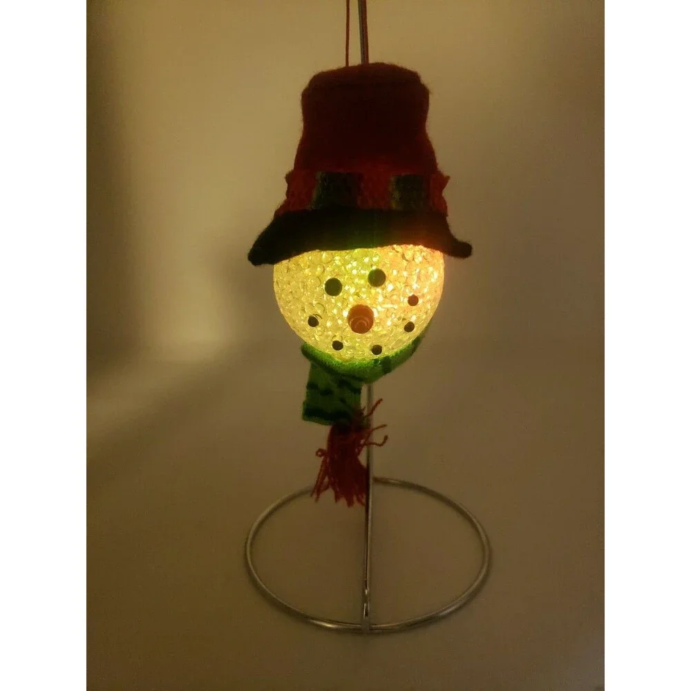 Melted Popcorn Snowman Head Ornament Light Up LED Color Changing Plastic Acrylic